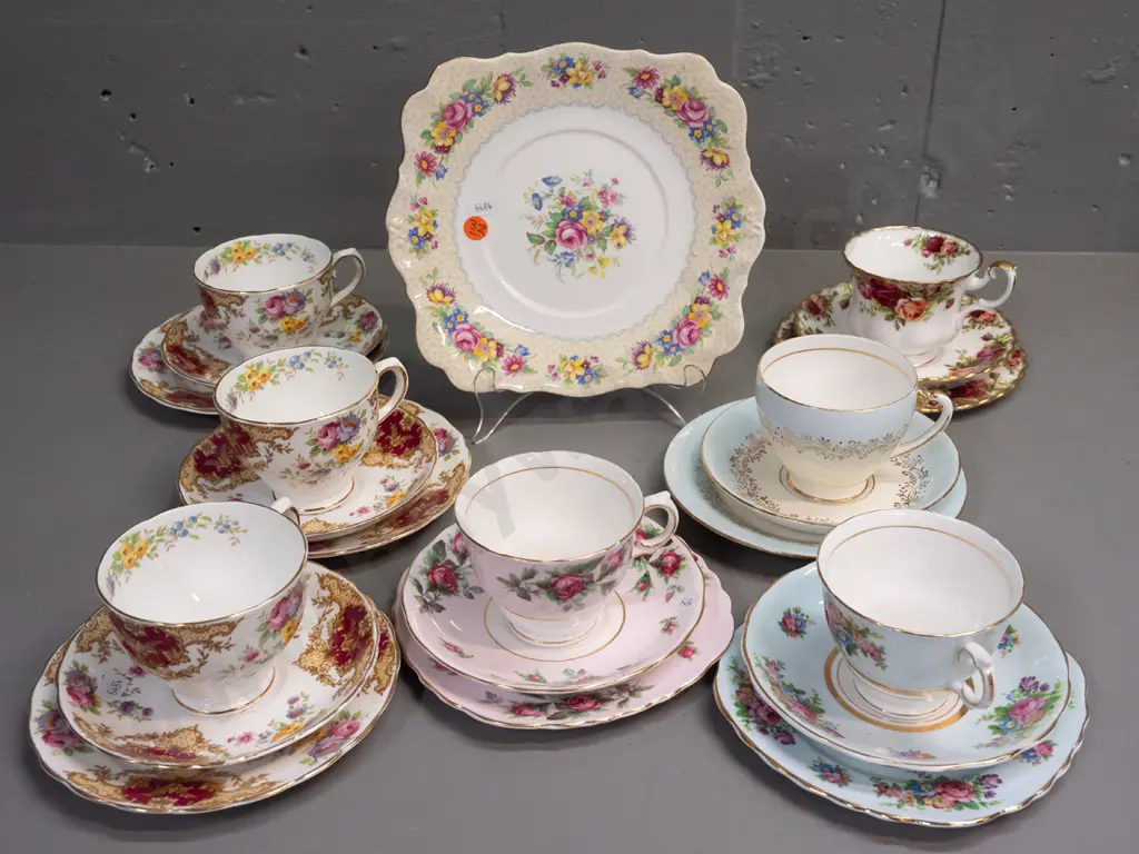 7 English china trios - Tuscan, Colclough, Royal Albert, Grafton, and a Royal Standard Brussels Lace cake plate W-220 Image 1++