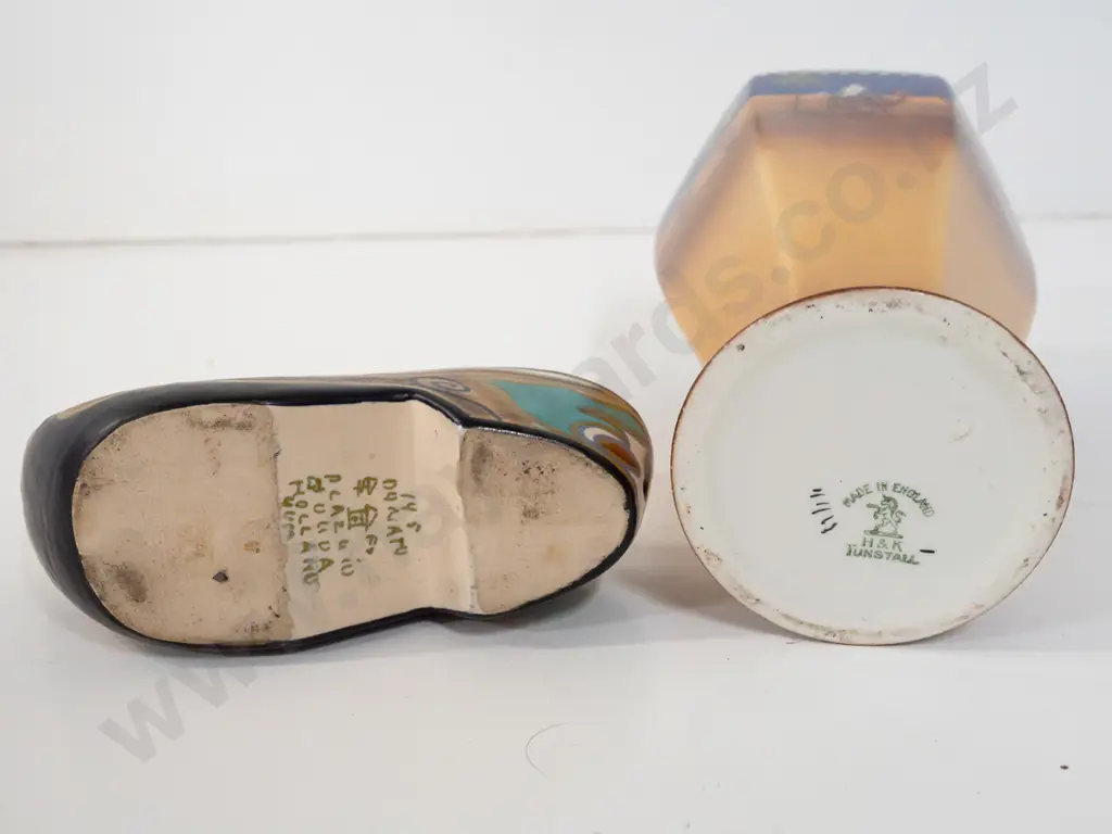 Tunstall desert scene faceted side vase H-220 and a Gouda clog with multi-coloured decoration L-170 Image 1++