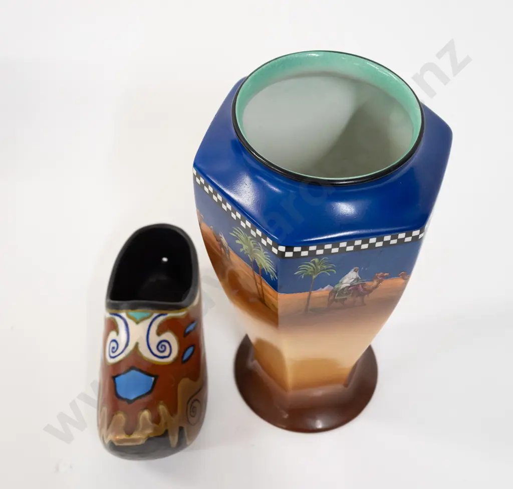 Tunstall desert scene faceted side vase H-220 and a Gouda clog with multi-coloured decoration L-170 Image 1++