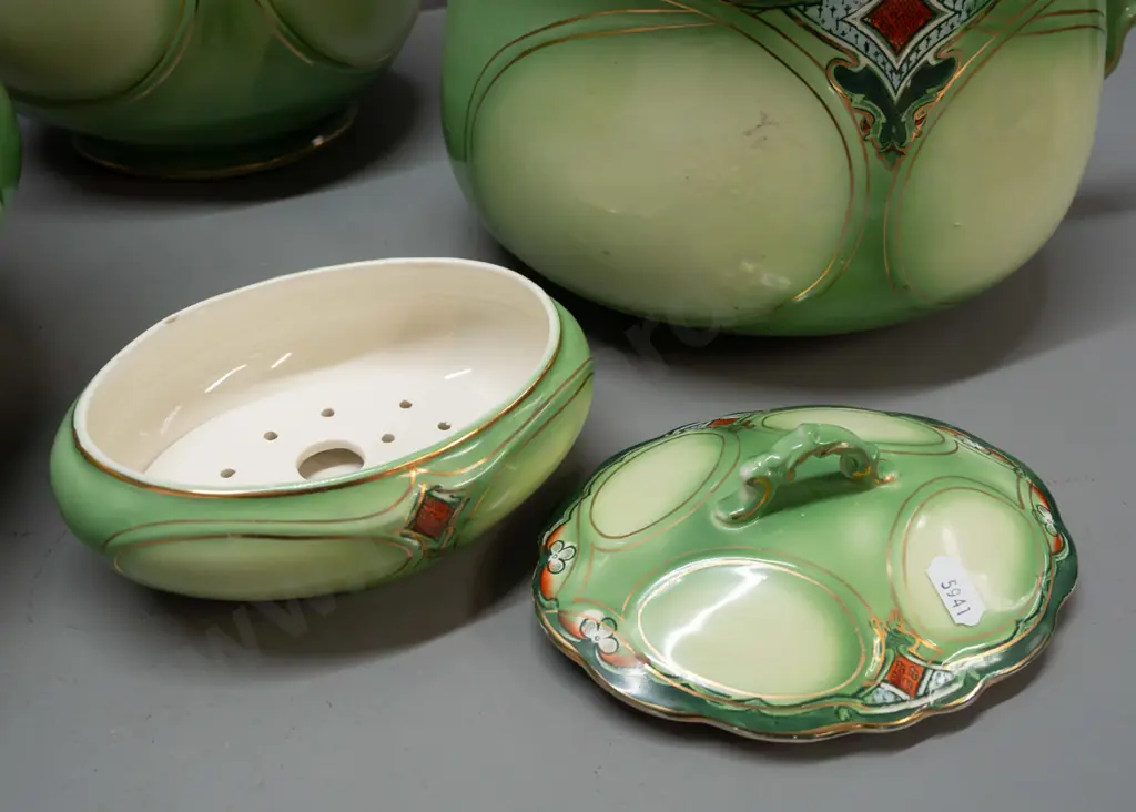 vintage art nouveau style bedroom set with shaped rims, gilt trim - jug & basin, soap dish with drainer and chamber pot. Image 1++