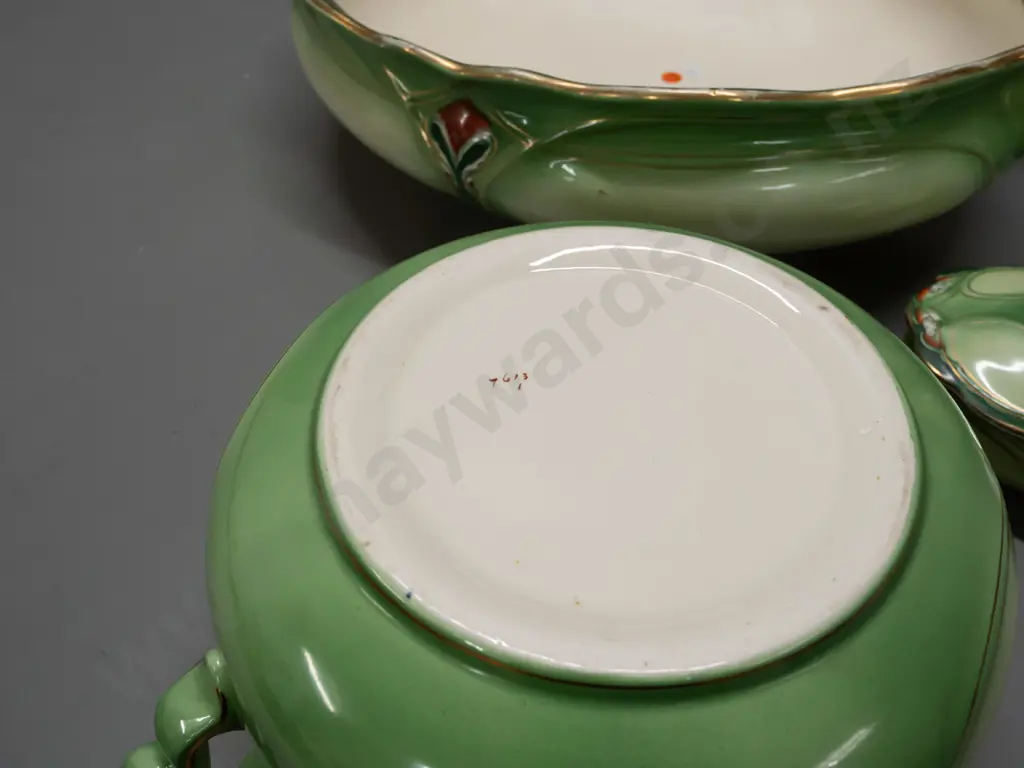 vintage art nouveau style bedroom set with shaped rims, gilt trim - jug & basin, soap dish with drainer and chamber pot. Image 1++