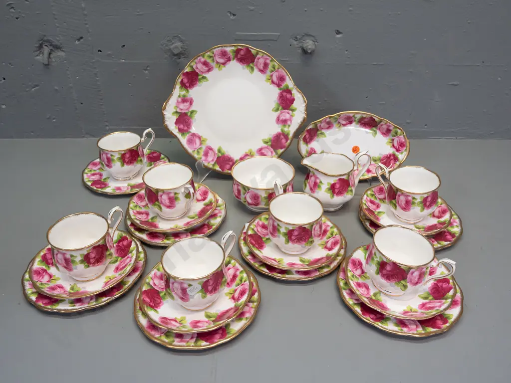 Royal Albert Old English Rose tea ware - 6 trios, cake plate, small dish, cream & sugar, spare cup and plate Image 1++
