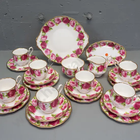 Royal Albert Old English Rose tea ware - 6 trios, cake plate, small dish, cream & sugar, spare cup and plate