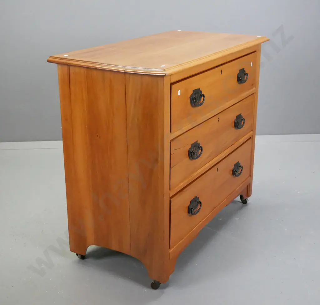 Edwardian, vintage rimu 3 drawer chest on brown porcelain castors, pressed metal handles, Image 1++