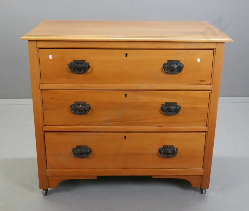 Edwardian, vintage rimu 3 drawer chest on brown porcelain castors, pressed metal handles, Image 1++