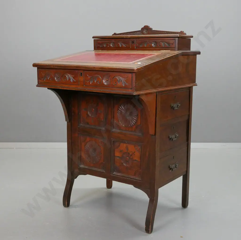 Assetic walnut, davenport, with lift-up lid exposing letter rack, red tooled leather slop front lifting Image 1++