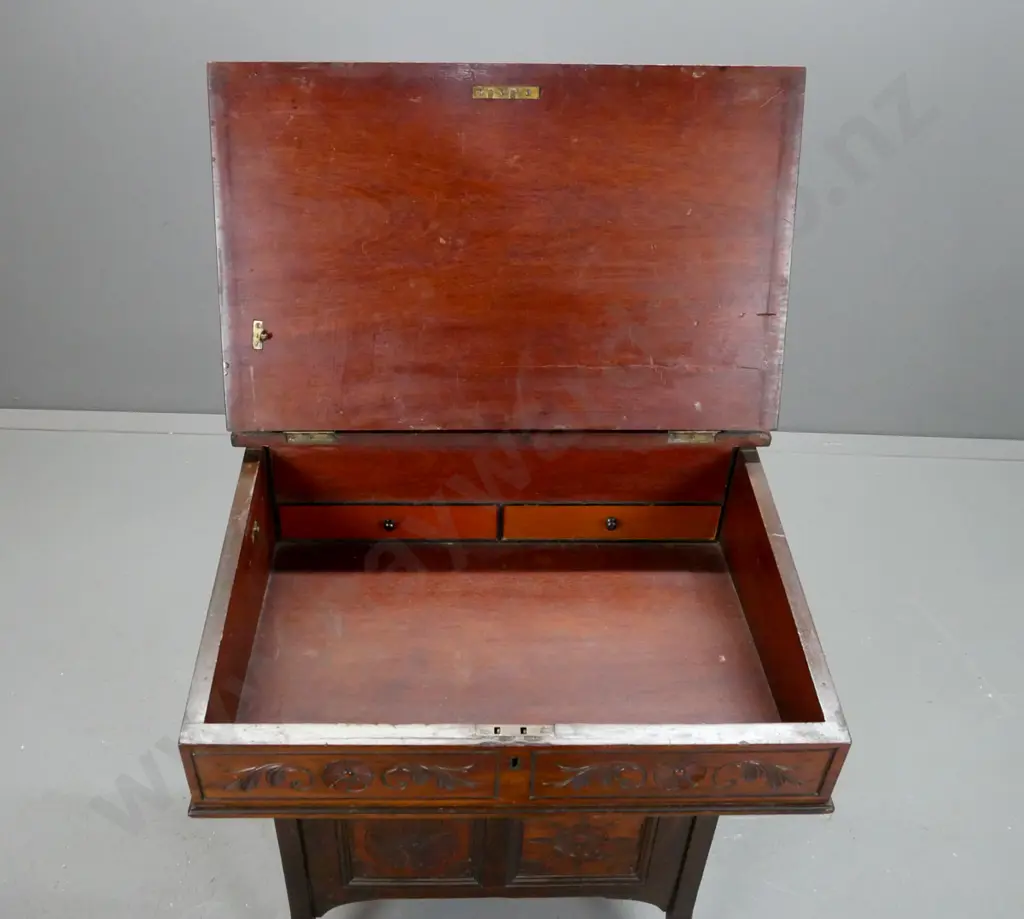 Assetic walnut, davenport, with lift-up lid exposing letter rack, red tooled leather slop front lifting Image 1++