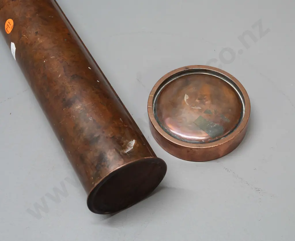 copper or copper-plated brass ashtray stamped "War Memento" and a copper-patina'd document storage tube L-410 Image 1++