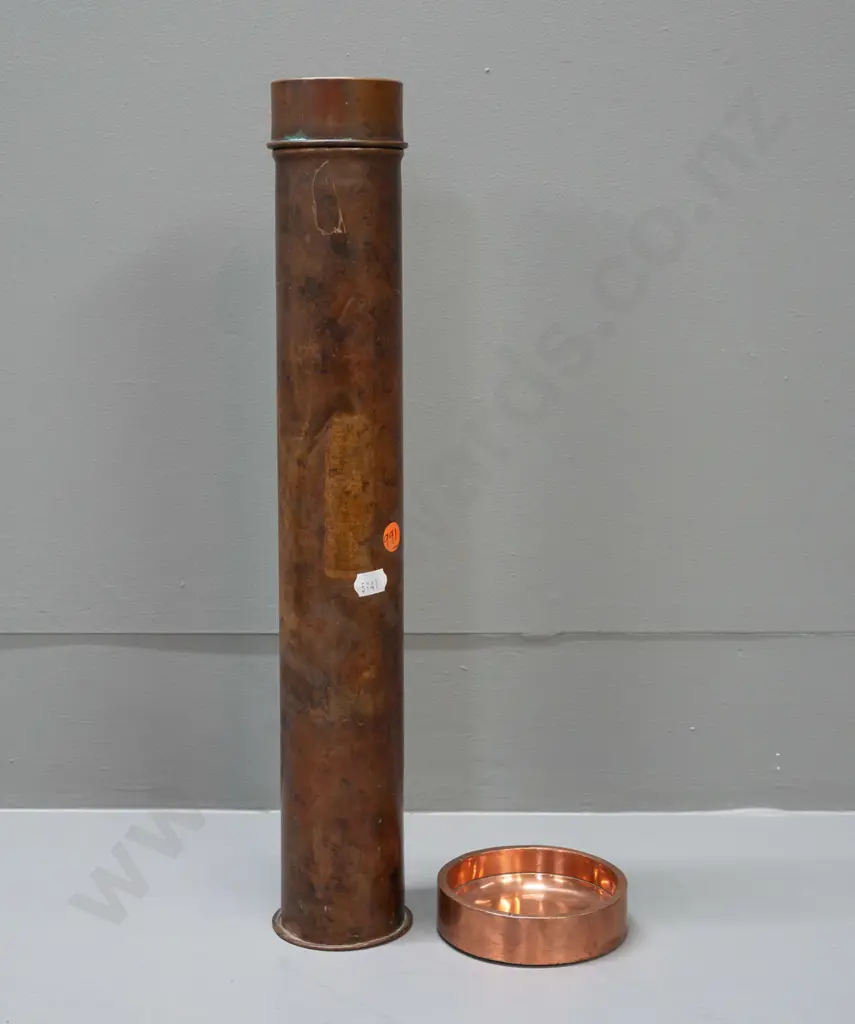 copper or copper-plated brass ashtray stamped "War Memento" and a copper-patina'd document storage tube L-410 Image 1++