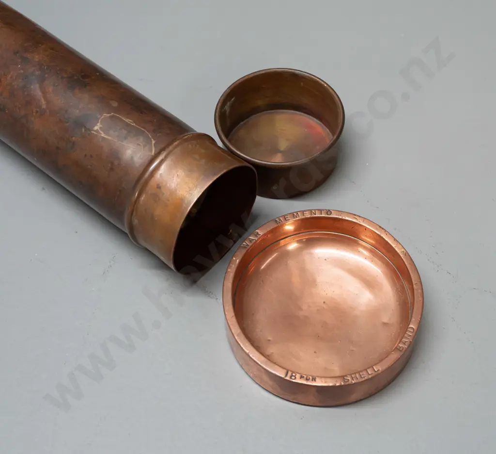 copper or copper-plated brass ashtray stamped "War Memento" and a copper-patina'd document storage tube L-410 Image 1++