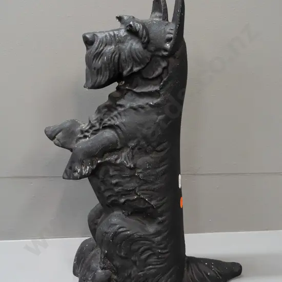 black painted cast metal scottie dog door stop - with Made in New Zealand label. Some paint loss H-380 W-230