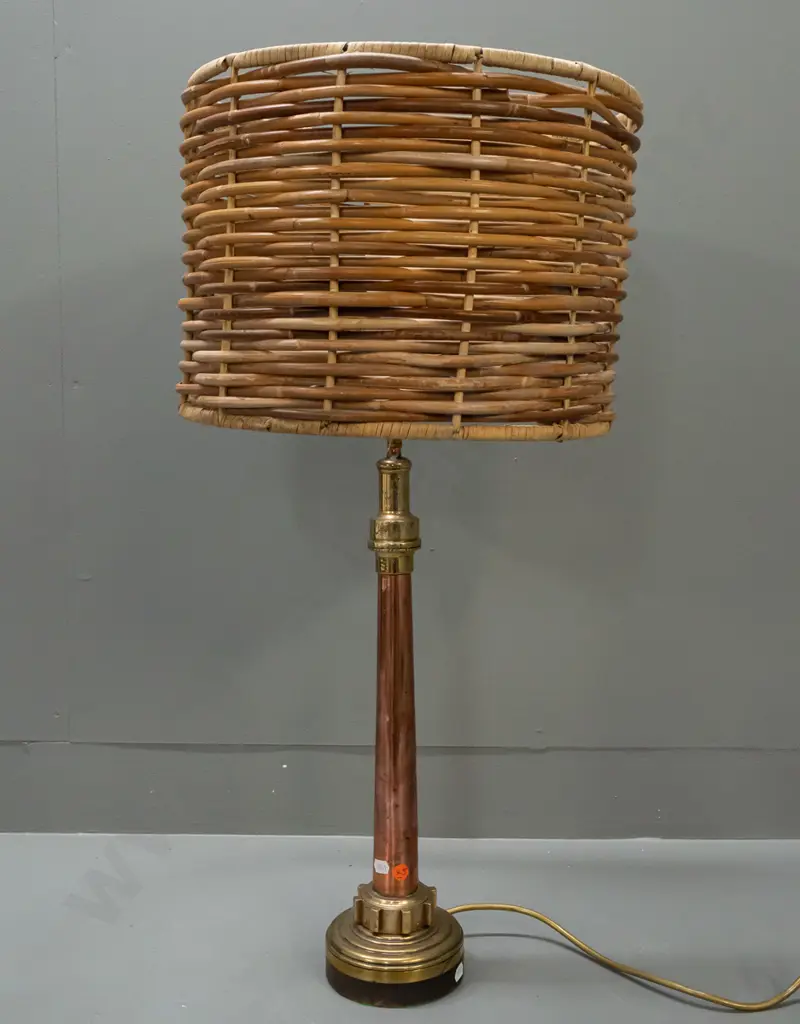 table lamp with heavy base made from industrial brass and copper parts and timber, with woven cane shade. Denting to Image 1++