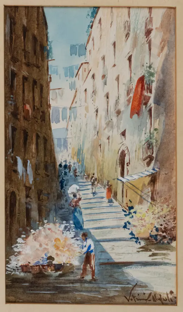 illegible signature - framed watercolour - European street scene H210 W125 (foxing to mat) Image 1++