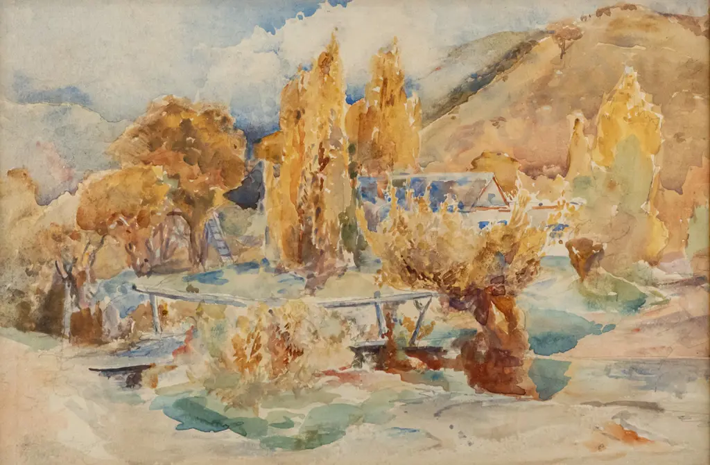 unsigned framed watercolour - landscape H200 W310 Image 1++