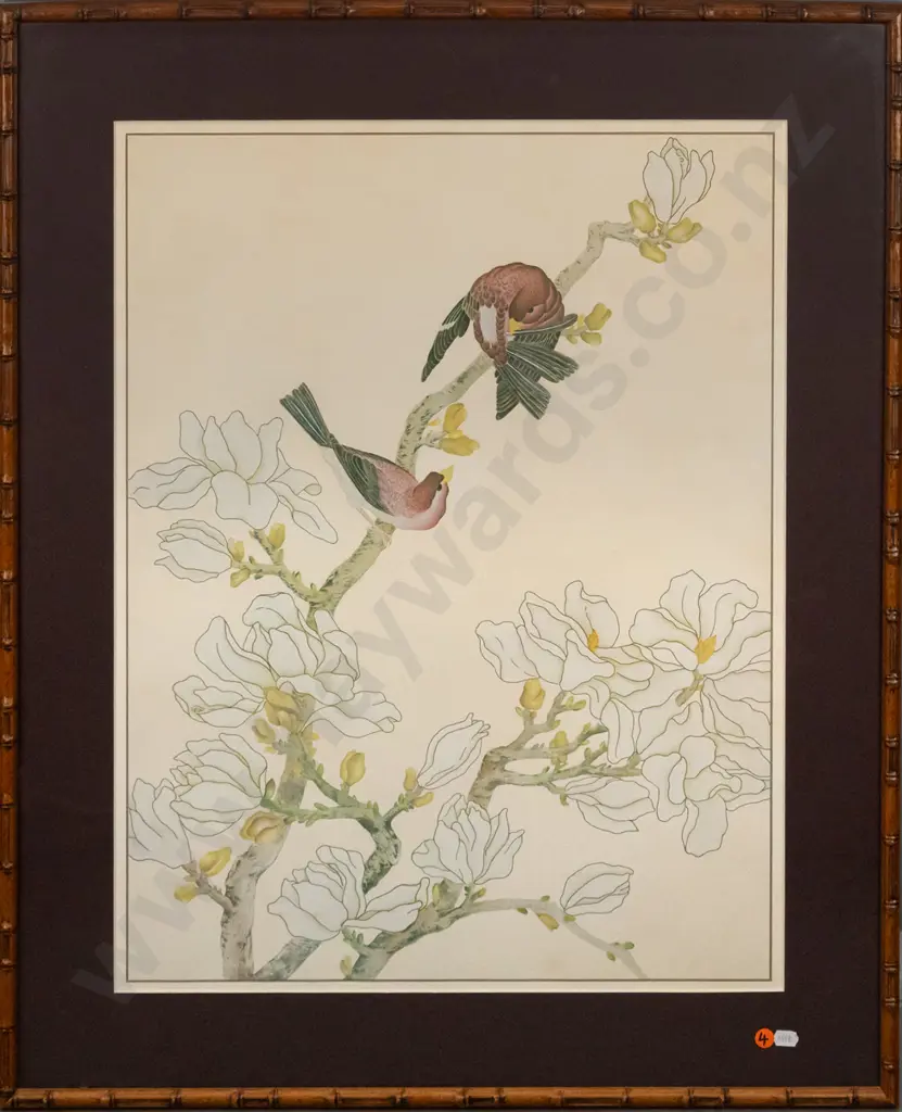 wooden bamboo themed framed print - birds on branch H610 W450 Image 1++