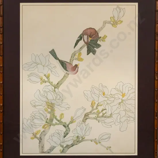 wooden bamboo themed framed print - birds on branch H610 W450