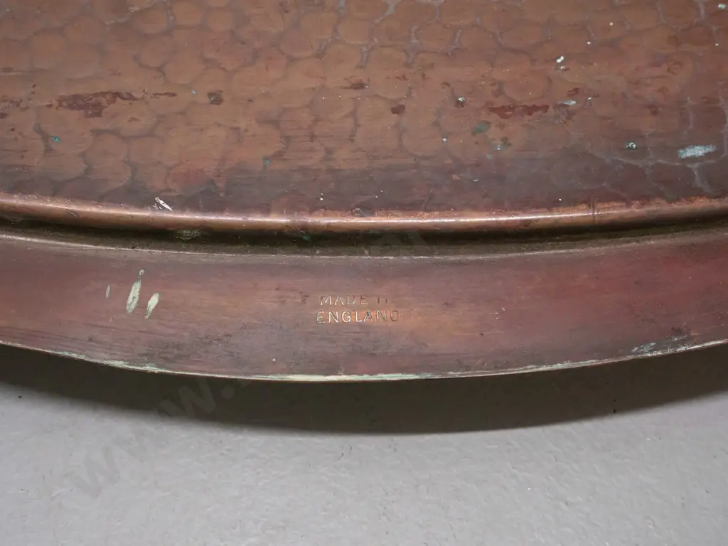 nouveau style hand-beaten copper (or copper plated?) tray with brass handles. Some dents, scratches & discolouration Image 1++