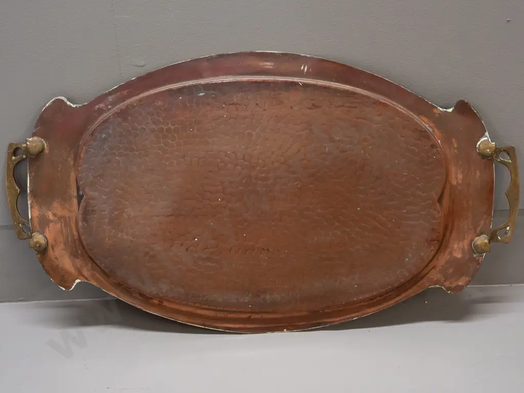 nouveau style hand-beaten copper (or copper plated?) tray with brass handles. Some dents, scratches & discolouration Image 1++