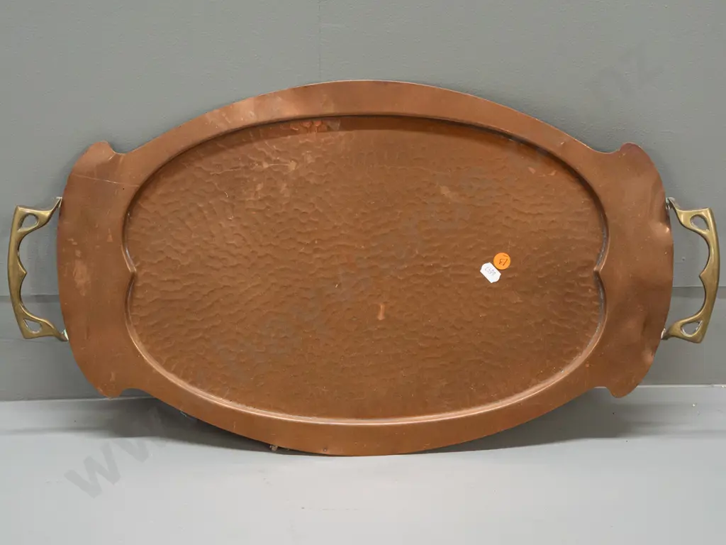 nouveau style hand-beaten copper (or copper plated?) tray with brass handles. Some dents, scratches & discolouration Image 1++