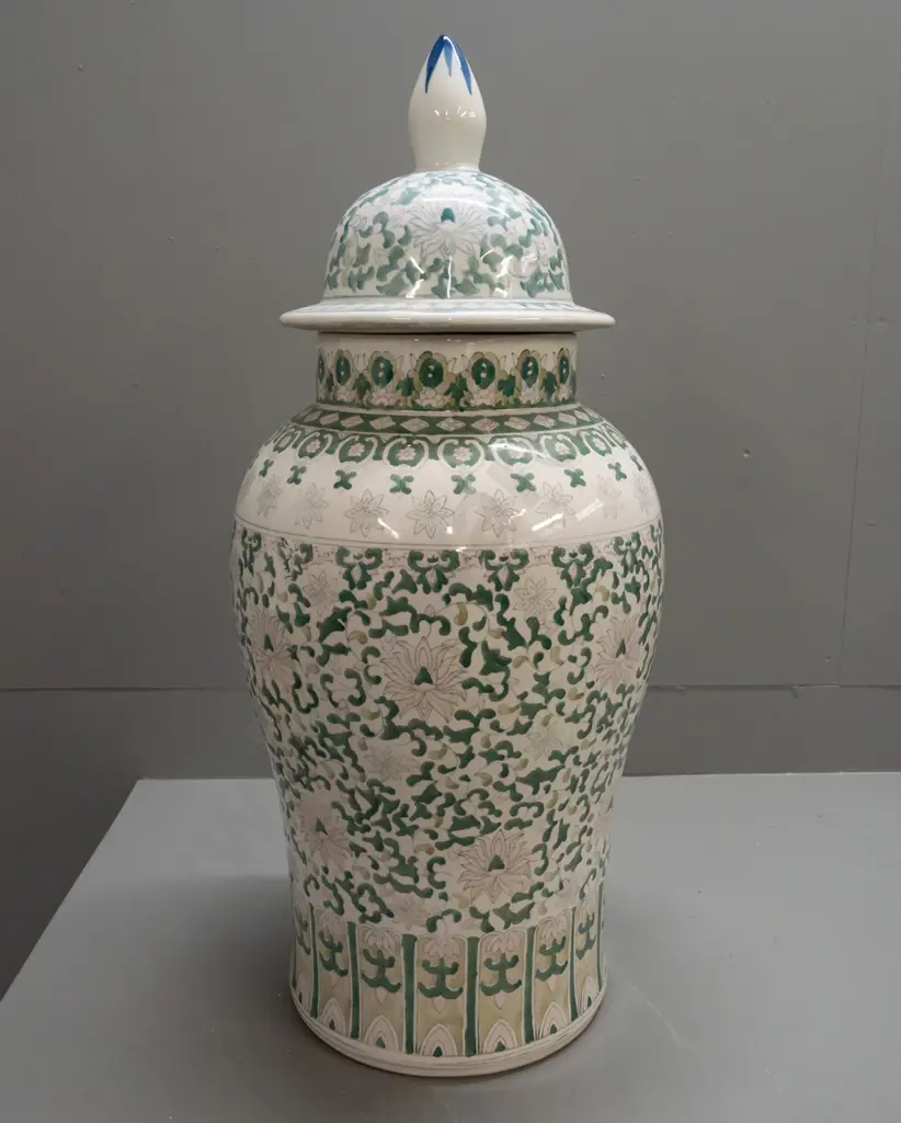 large lidded vase with floral pink & green decoration, base marked Made in China - some white paint residue H-720 D-270 Image 1++