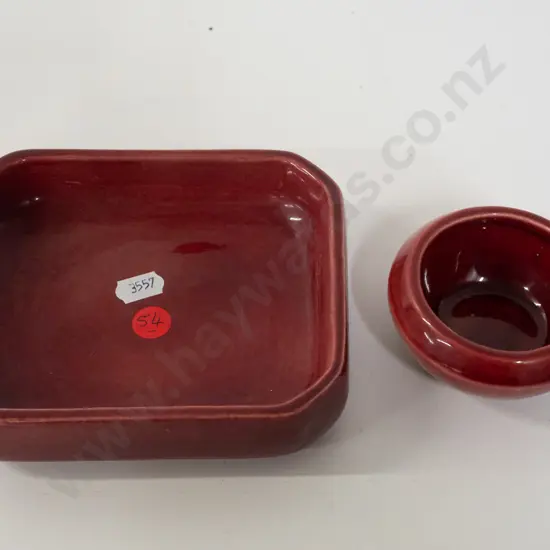 2x pieces of red OC Stephens pottery - rectangular dish H-35 L-140 W-120 and small bowl
