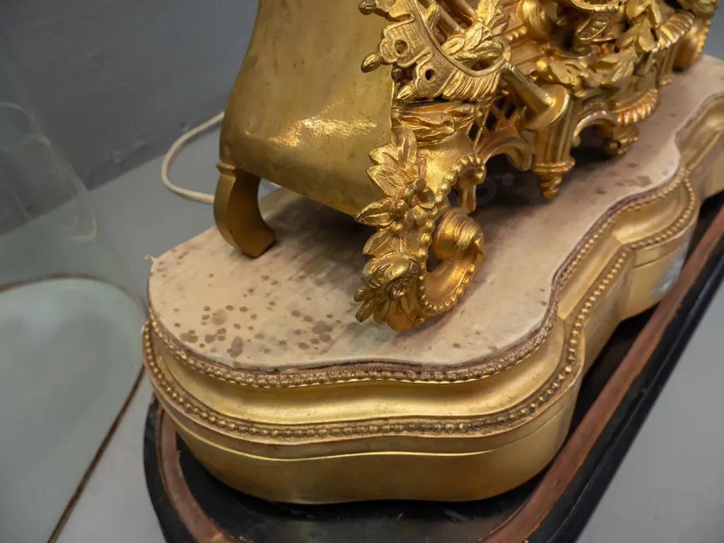 vintage ornate brass and gilded cast metal clock on gilded plaster base, on Victorian glass-domed timber base not Image 1++