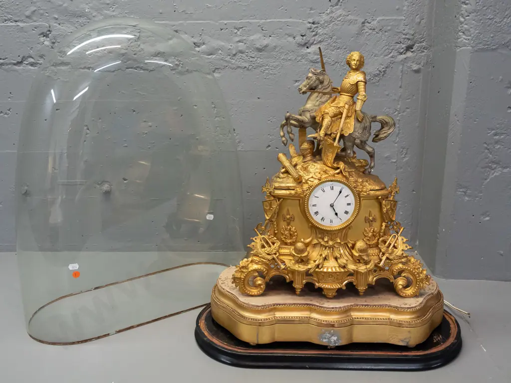 vintage ornate brass and gilded cast metal clock on gilded plaster base, on Victorian glass-domed timber base not Image 1++