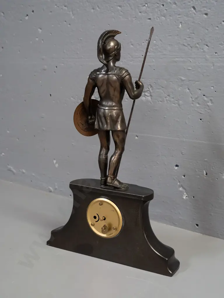 cast metal mantel clock with Roman soldier figure - wind up movement marked Precista-Made in Germany H-360 W-230 - going Image 1++