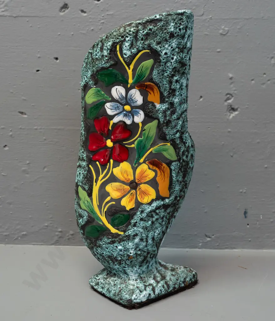 retro Italian vase with sgraffito woman on red panel, raised enamel floral decoration - Made in Italy mark on base H-300 Image 1++