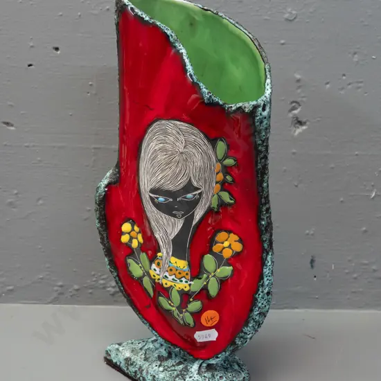 retro Italian vase with sgraffito woman on red panel, raised enamel floral decoration - Made in Italy mark on base H-300