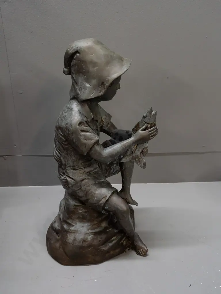 cast metal boy figure, ex water feature, has some fountain piping - wear and marks H-480 W-240 Image 1++