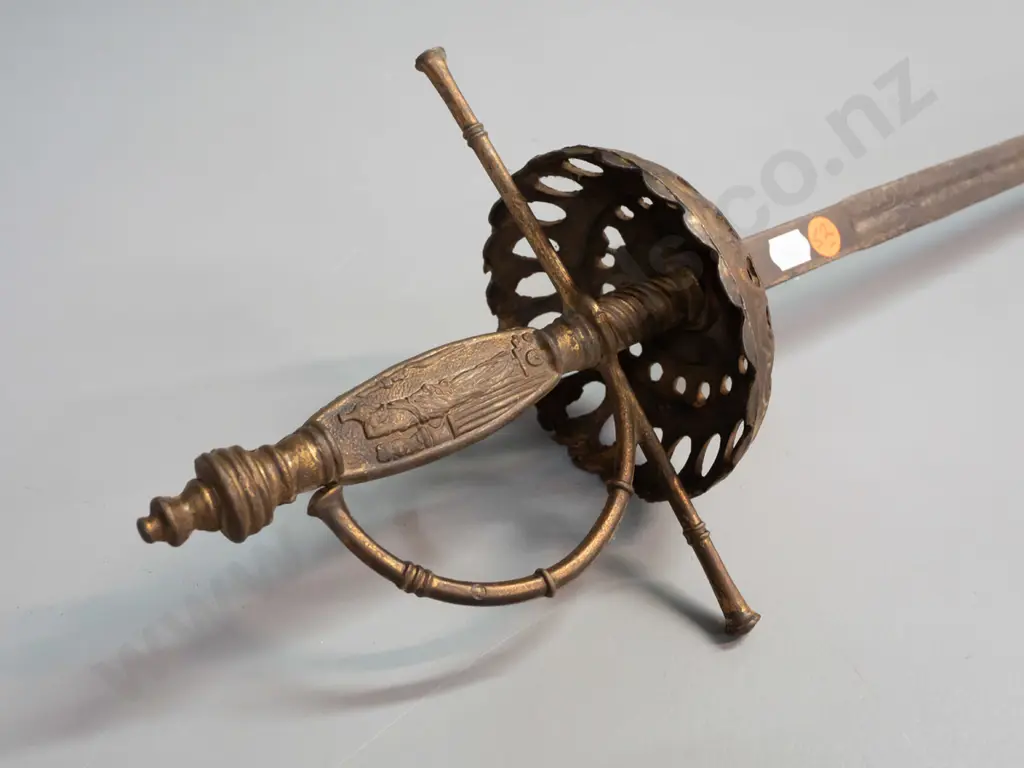 decorative sword with cast brass hilt and handle with classical water carrier motif, pierced and cast basket, Image 1++