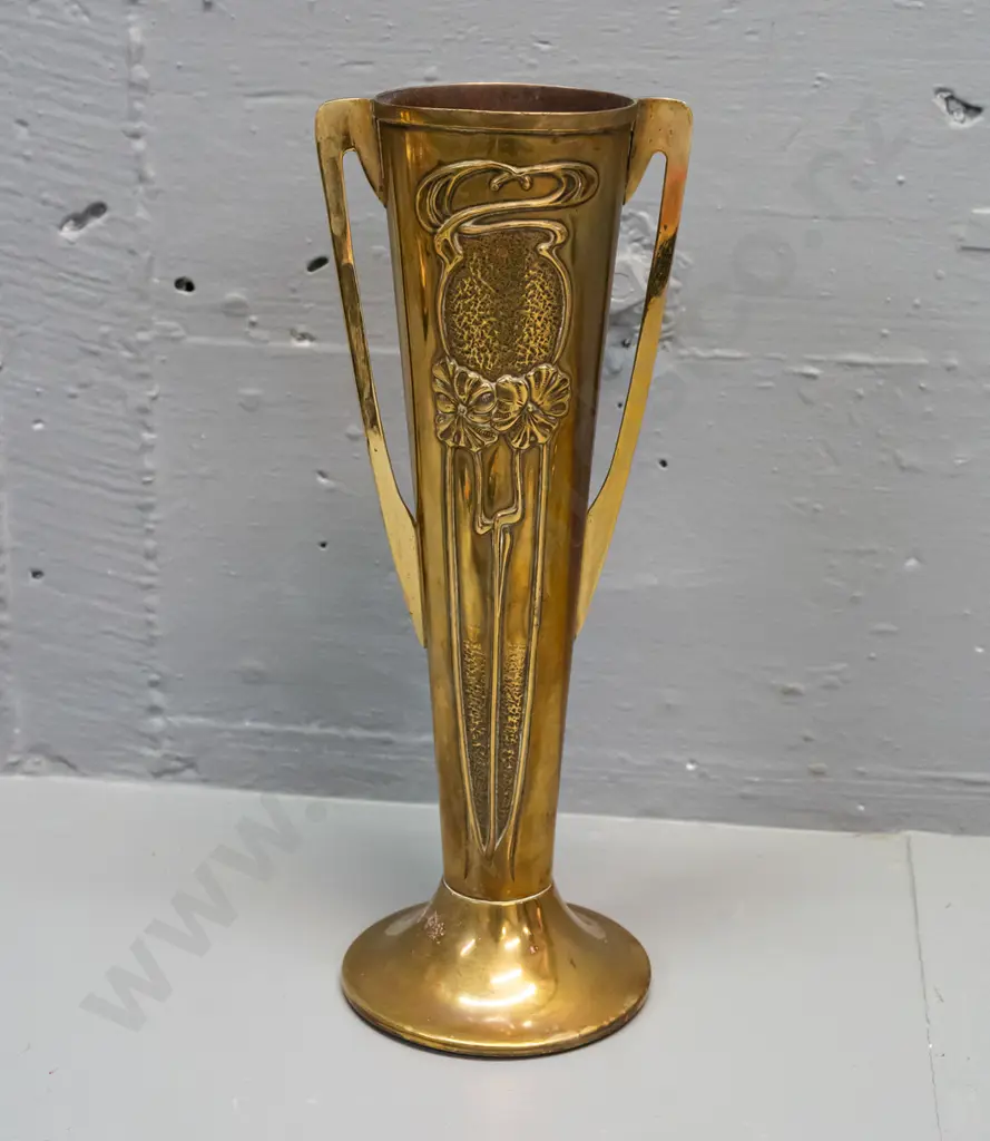 art nouveau style brass (brass plate over copper?) handled spill vase, marked Beldray England on base - has some pitting Image 1++