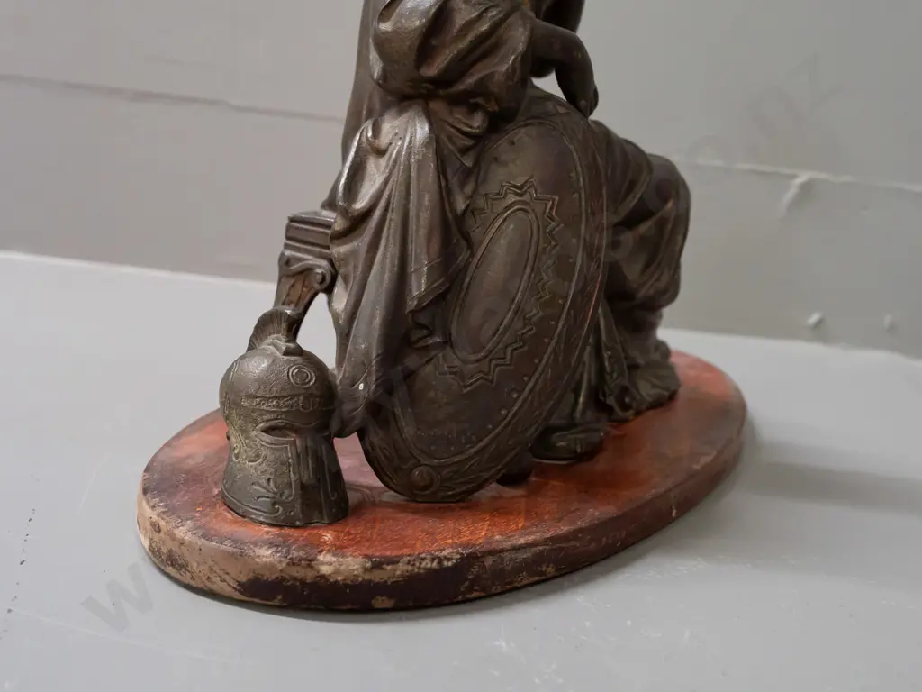 cast metal classical style figure of a seated woman with shield and helmet, on wooden base H-260 Base W-310 Image 1++