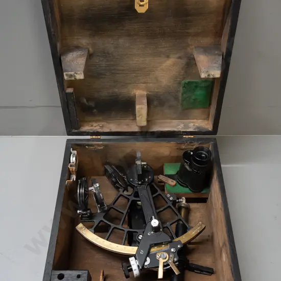 vintage sextant in fitted timber case marked Tamaya - Tokyo Japan - with eyepieces and accessories. Some usage and paint