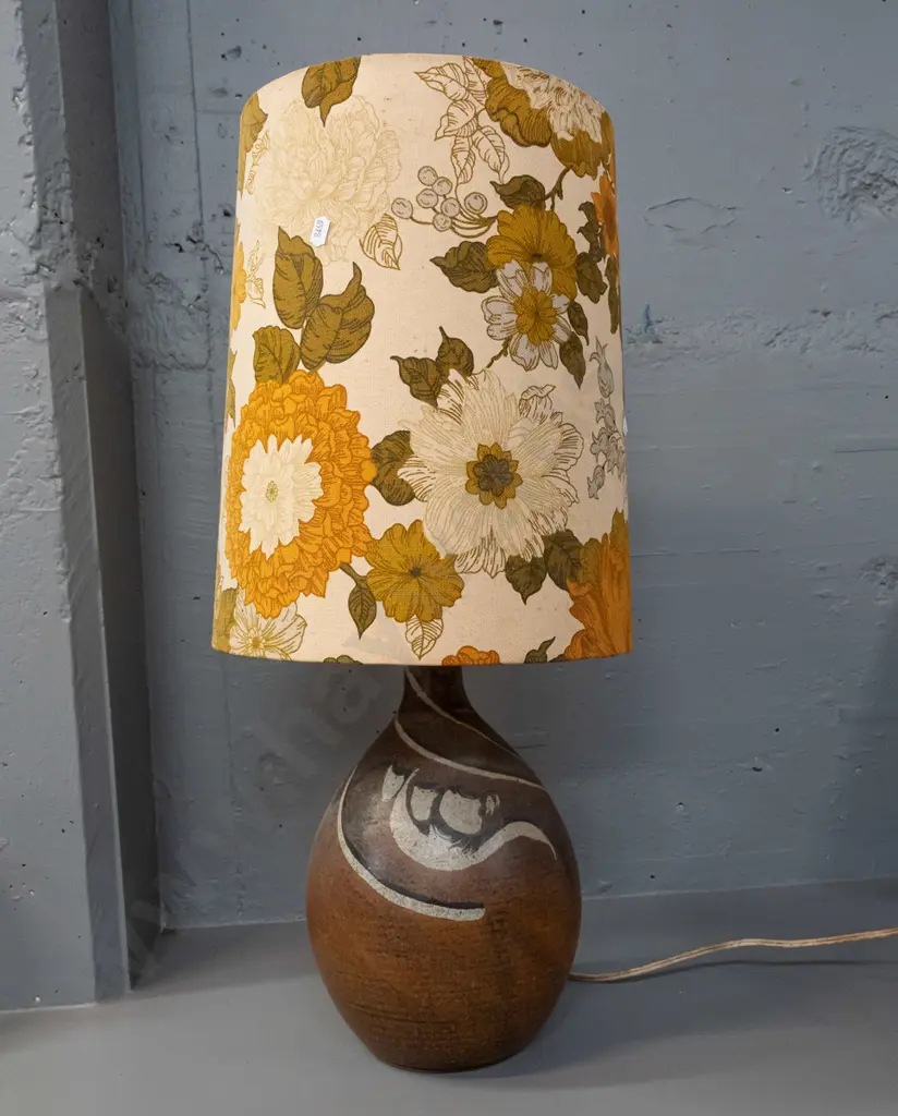 Frederika Ernsten NZ studio pottery table lamp base with retro floral print shade - going but fitting loose, wiring Image 1++