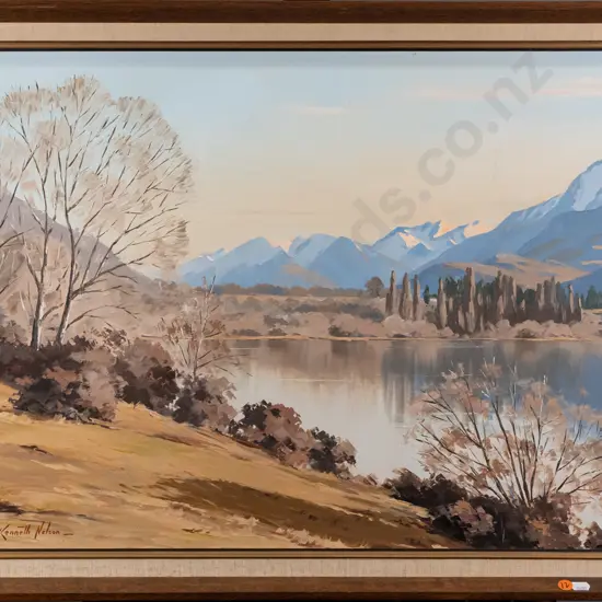 Kenneth Nelson 1974 - framed oil "Winter Lake Hayes, Central Otago"  H470 W640 (some scratching to paint)