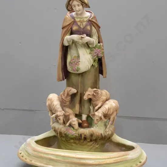 vintage large Imperial Amphora shepherdess figural vase - head repaired, ram has rubbing to one horn H-530 W-480