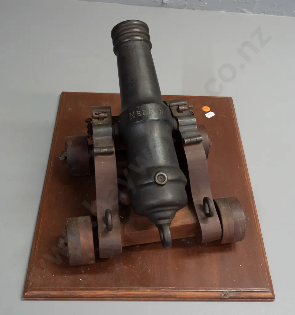 Replica 1/3 scale, cast metal model of signal cannon from HMS Nelson, on wooden base, with plaque Image 1++