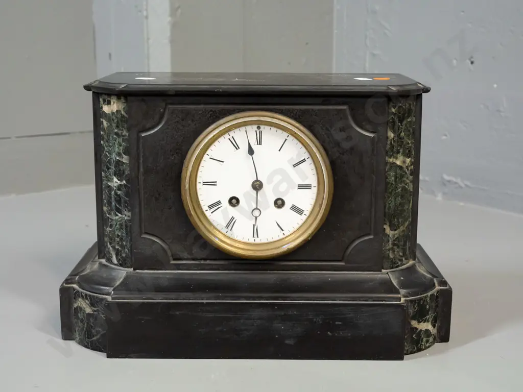 vintage mantel clock with Belgian marble case, French movement, porcelain base-has key but no pendulum. Some Image 1++