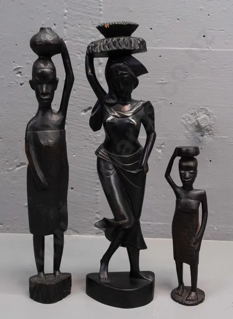 3x carved wood female figures - one marked Bali on base has a chip to basket H-320 Image 1++