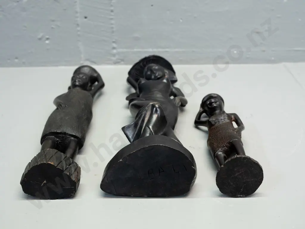 3x carved wood female figures - one marked Bali on base has a chip to basket H-320 Image 1++