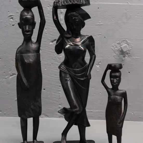 3x carved wood female figures - one marked Bali on base has a chip to basket H-320