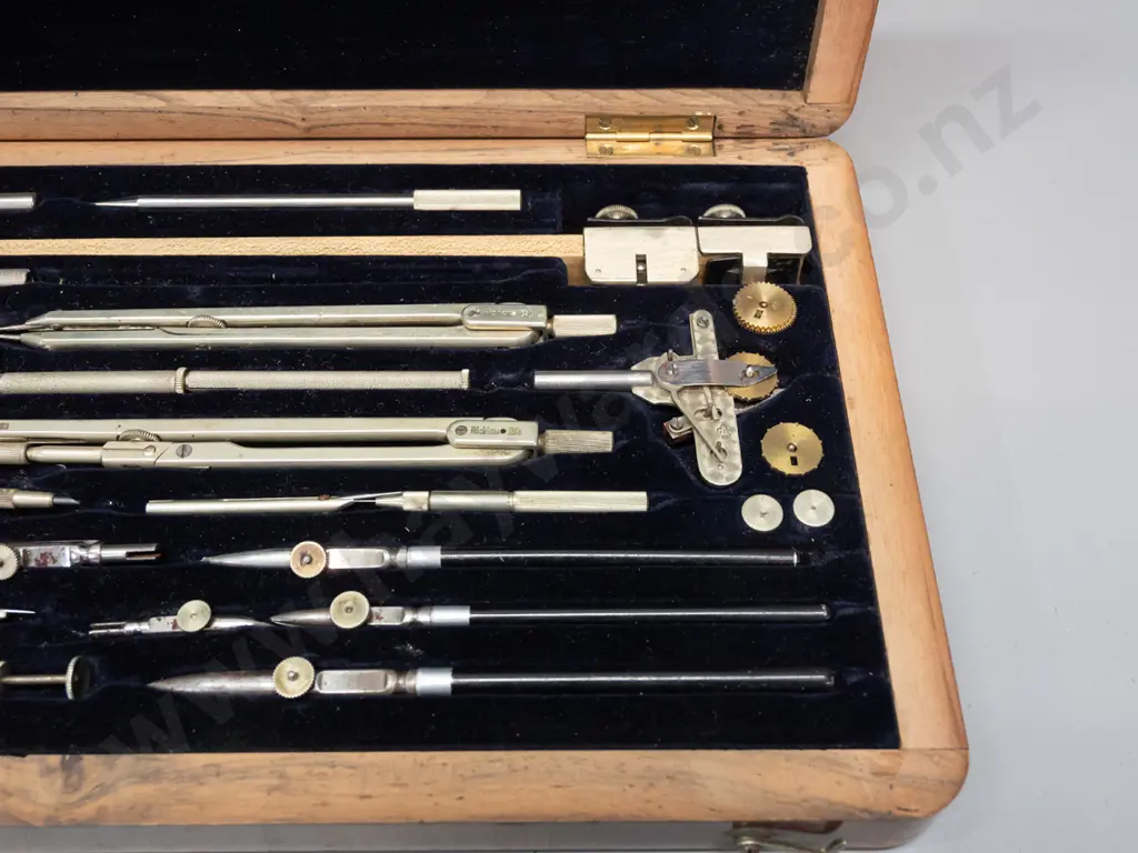vintage German E.O. Richter & Co Pracision drafting set with dotting pen, brass cams, numerous drawing tools, in fitted Image 1++