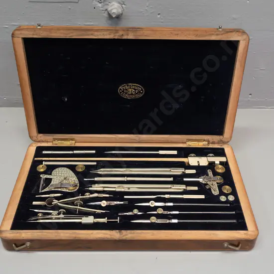 vintage German E.O. Richter & Co Pracision drafting set with dotting pen, brass cams, numerous drawing tools, in fitted