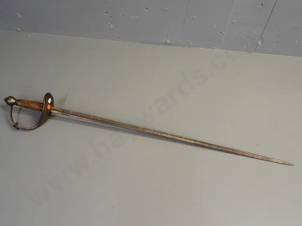 vintage decorative sword with oak handle, brass patina to hilt and forged blade - some paint or polish wear and pitting. Image 1++