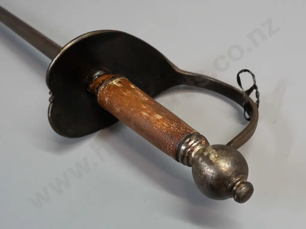 vintage decorative sword with oak handle, brass patina to hilt and forged blade - some paint or polish wear and pitting. Image 1++