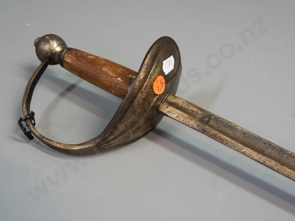 vintage decorative sword with oak handle, brass patina to hilt and forged blade - some paint or polish wear and pitting. Image 1++