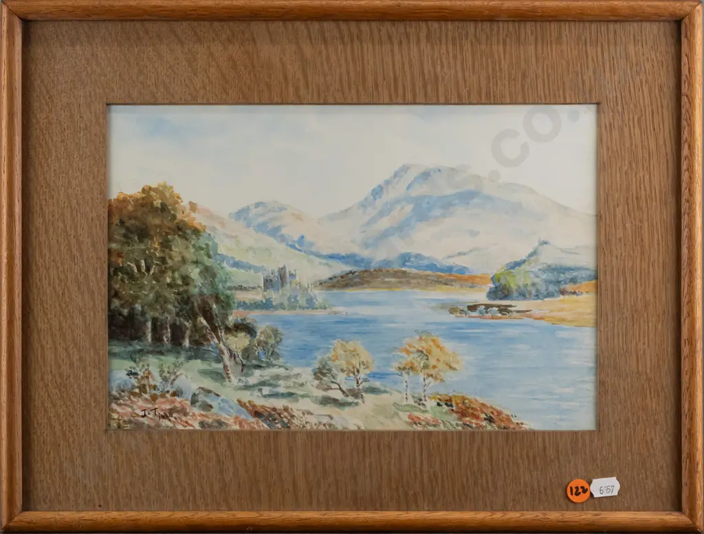 J.T 1938 - framed watercolour - lake and mountain scene H190 W290 Image 1++