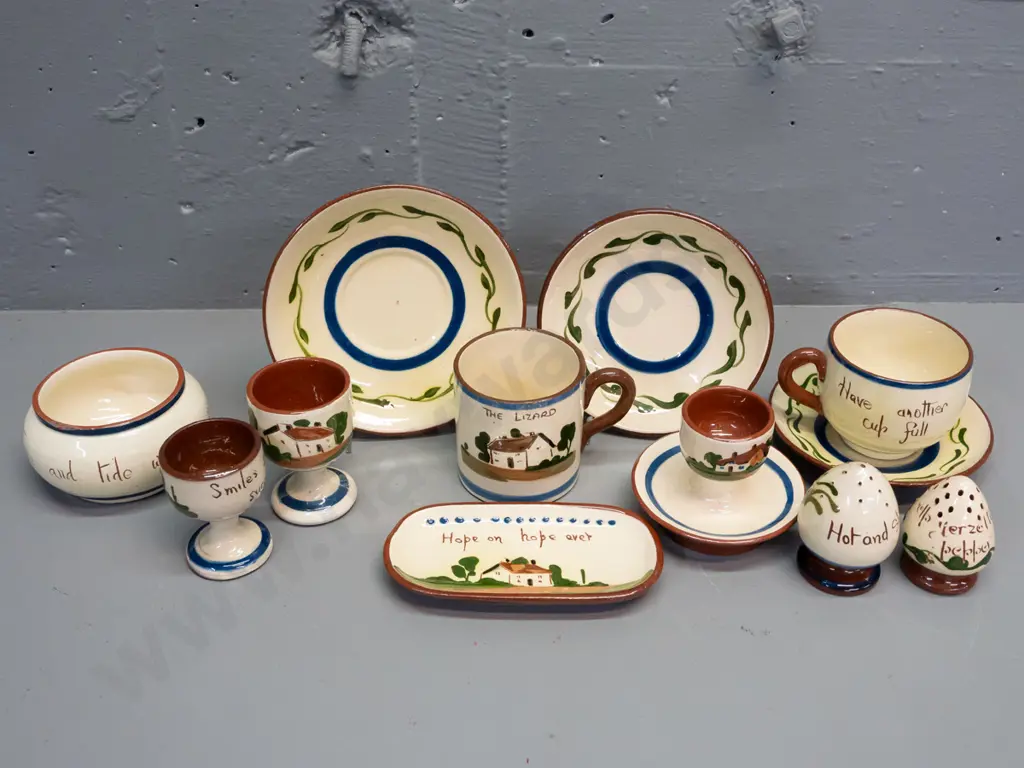 assorted Torquay ware - egg cups, cup & saucer, mug, pin dish, etc. - larger plate D-140 has fabric hanger on back - Image 1++